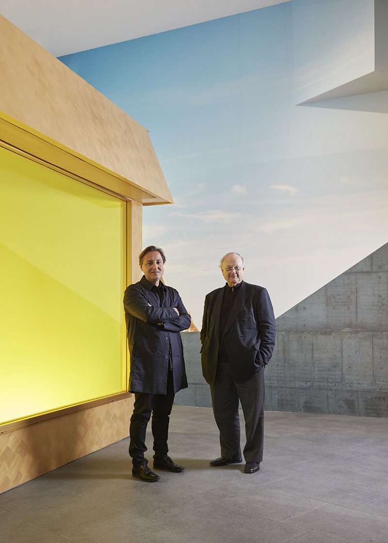 Glenn Murcutt and Hakan Elevli of Elevli Plus next to one of the lantern mock ups at the exhibition.