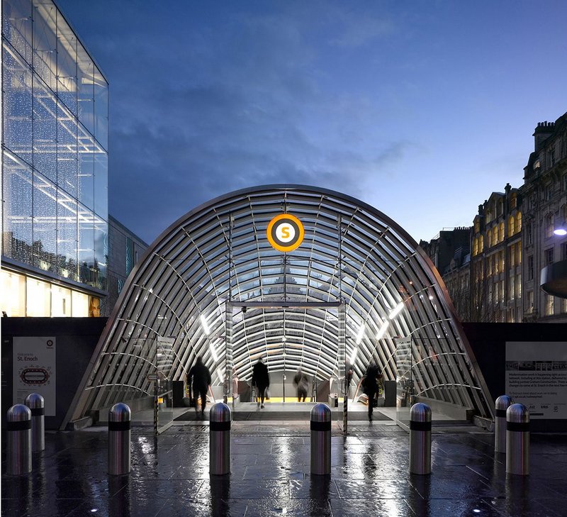 View of northern St Enoch Subway Station entrance canopy.