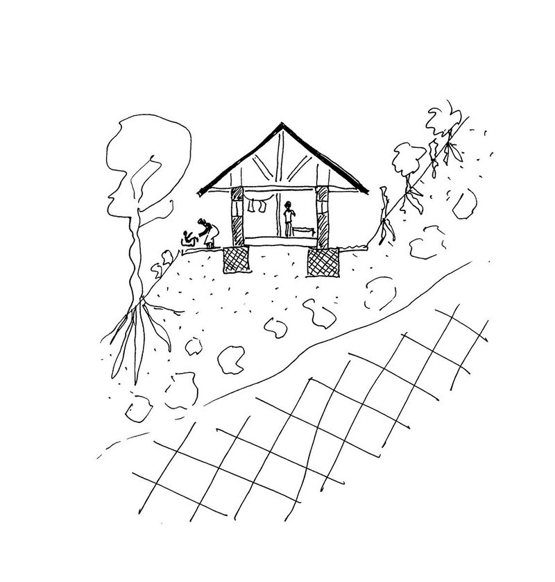 Sketch showing the typical section of a local house built in the hills in Freetown, Sierra Leone