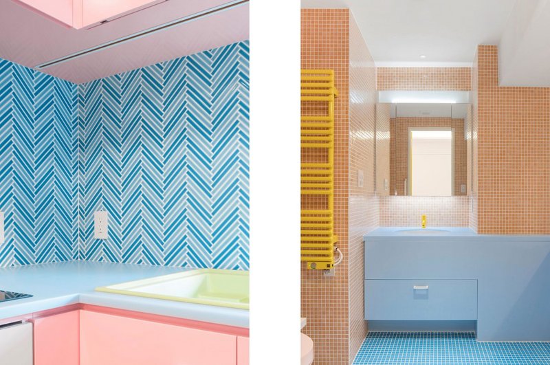 The bathroom and kitchen at Adam Nathaniel Furman’s Nagatacho apartment project in Tokyo show how colour and texture can be combined.