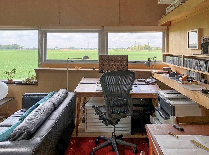 Views of the odd tractor and the distant train from Norwich: Meredith Bowles' home workspace in Cambridgeshire.
