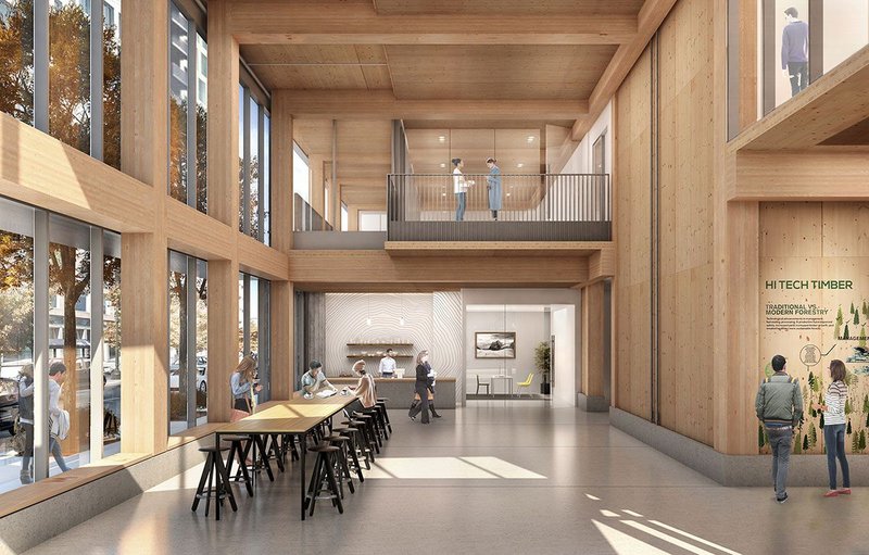 Rendering of lobby in the Framework, set to become the first mass timber high-rise in the US.