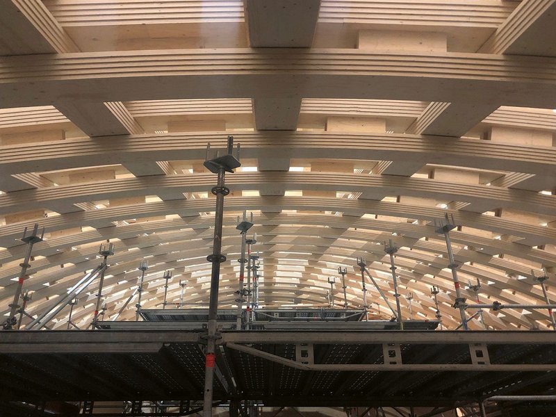 The LVL gridshell roof under construction.
