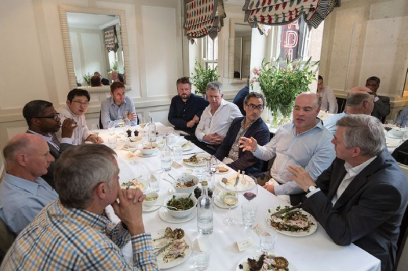 Round the table at London’s Quo Vadis restaurant: From left foreground, Dale Sinclair, Paul Longford, Ken Faulkner, Kevin Yin; from right forground, Peter Caplehorn, Steven Morgan, Jan-Carlos Kucharek, Paul Bussey, Stephen Cousins, Matt Wells.