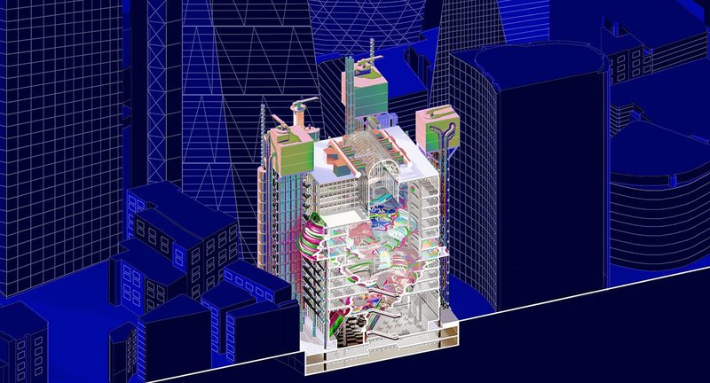 Lloyds: Towards a New Trading Theatricality Axonometric Section. 600 x 600. 3D modelling, 2D drawing. Credit Areesha Khalid