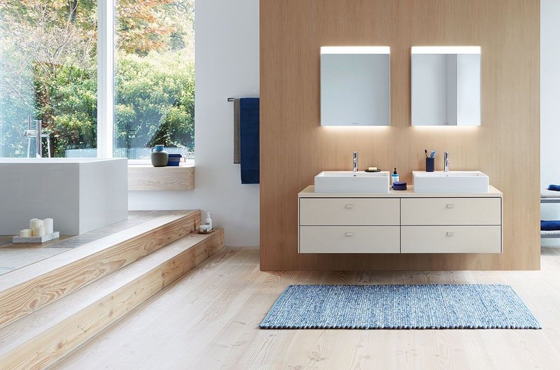 Duravit's Brioso console vanity unit with new Taupe finish, shown with Vero Air above-counter basins and C.1 single lever basin mixers.