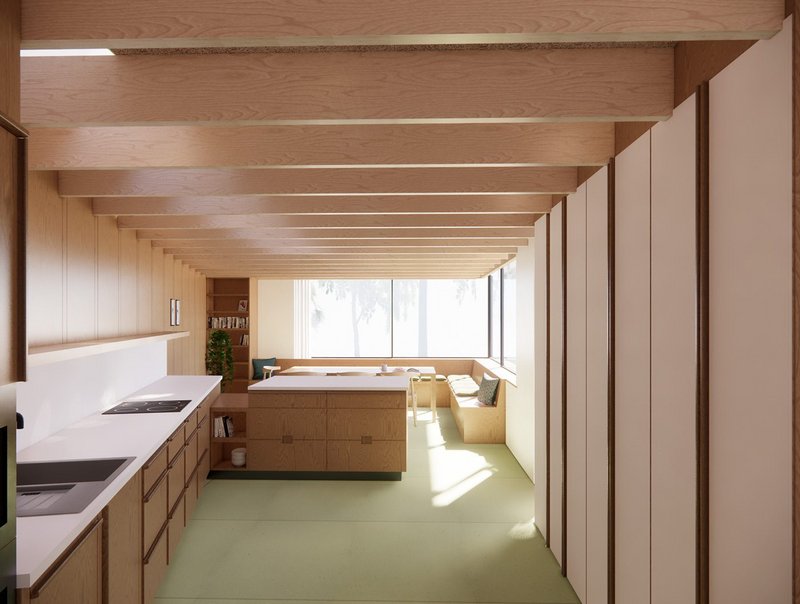 Visualisation of an extension to the Echenique House in Cambridge, for which Mole Architects proposes to use Foresso.