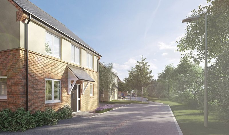 Exterior CGI of street scene and five-bedroom detatched house at Elmsbrook by Fabrica.