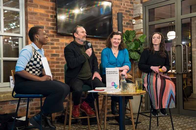 Neurodiversity in Architecture event organised by Kavita Dhande of the Diversity and Inclusion Group of Birmingham Architectural Association (BAA) on 22 February 2024. Left to right: Kudzai Matsvai, Mark Ellerby, Helen Castle and Stephanie Kyle.