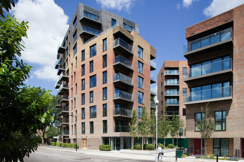 Stirling Prize-shortlisted Trafalgar Place apartments, part of the Heygate Estate regeneration in Elephant and Castle, London. dRMM Architects. Two of the buildings are made from CLT.