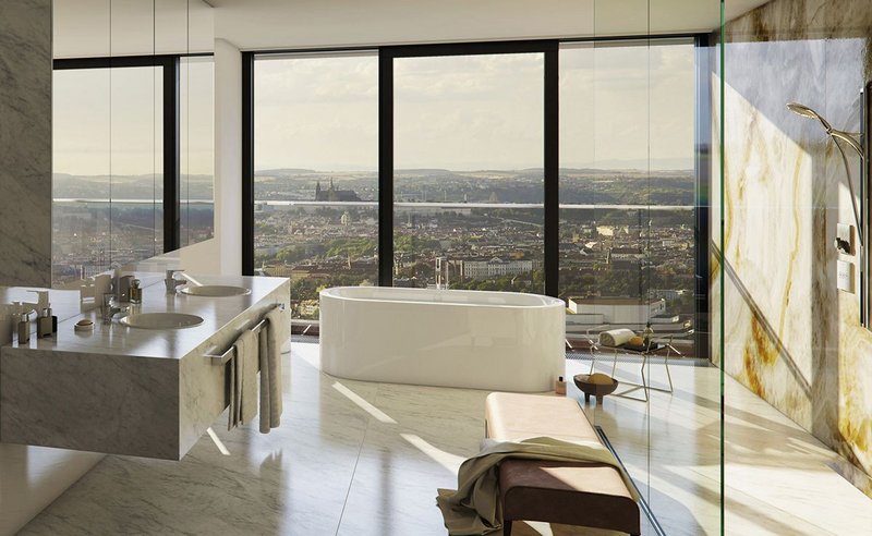 Kaldewei freestanding Meisterstück Centro Duo Oval bath in a penthouse apartment at the V Tower residential building in Prague.