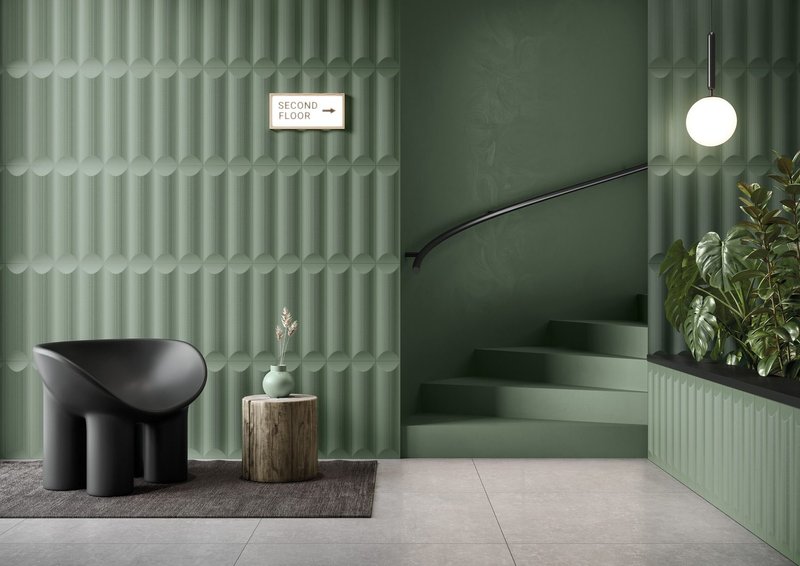 Log by ALTDesign for Harmony: inspired by the walls of log cabins, this fluted 12.5x50cm tile features a grooved texture and a mitred edge for impressive 3D effects. It comes in six colours.