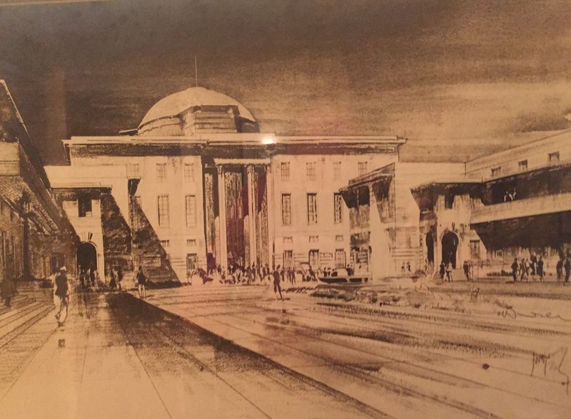 Presentation drawing in ink, wash and pencil of JM's original design for Railway Station Terminus  Baghdad, Iraq, by unknown artist.