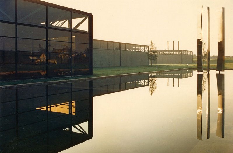 PJ Carroll’s factory in Dundalk, County Louth. The ornamental lake with reflective mobile sculpture, ‘Sails’, by Gerda Froemmel.