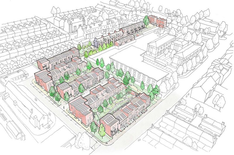 Axonometric drawing showing full Ordnance Lane site. PV panels are hidden within the butterfly roofs.