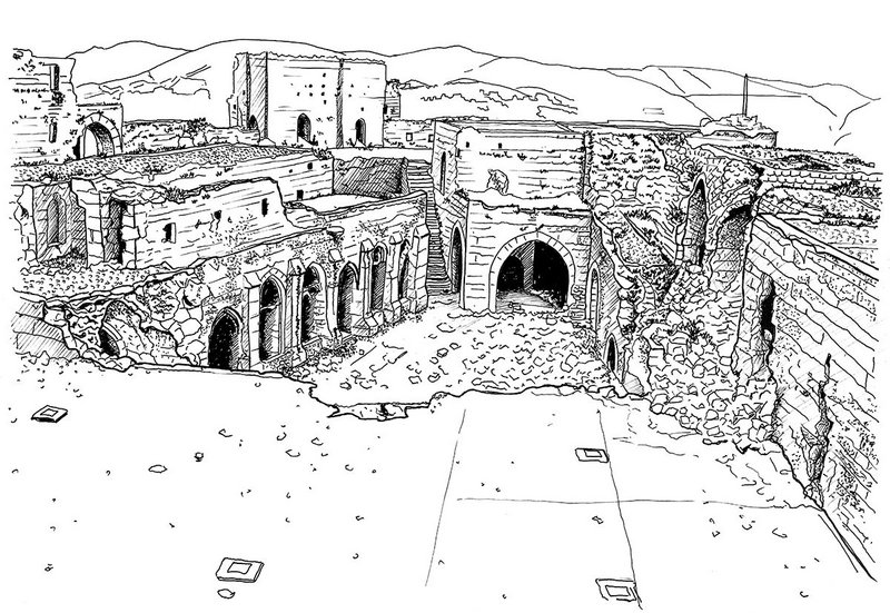 Overview of the inner configuration of Krak des Chevaliers showing recent damage.