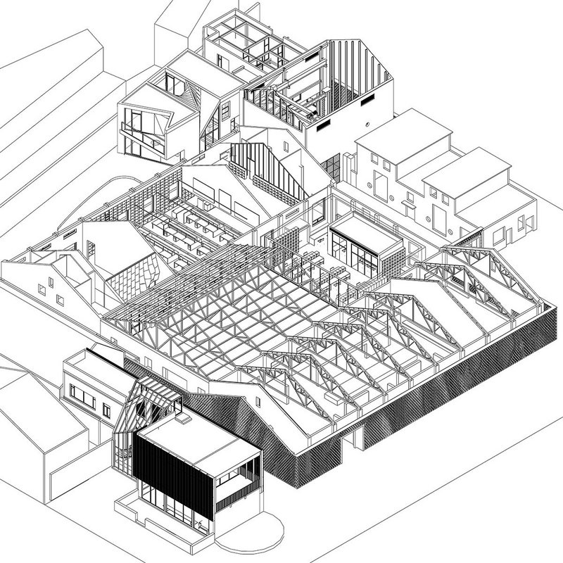 Axonometric of the Archi-Union offices, which are in a former factory. The roof of the central portion of the factory was removed to create a courtyard.