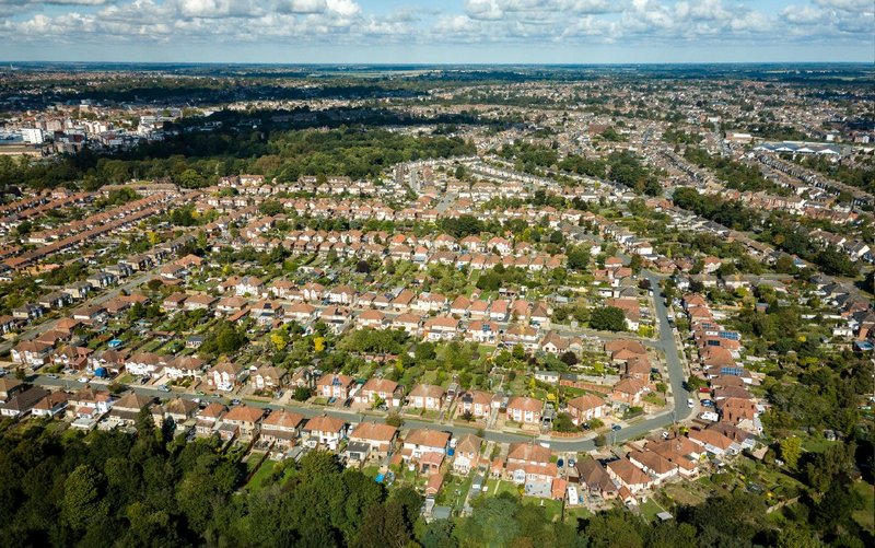 Aerial view of suburban houses in Ipswich, Suffolk. Whitton lies two miles to the north west.