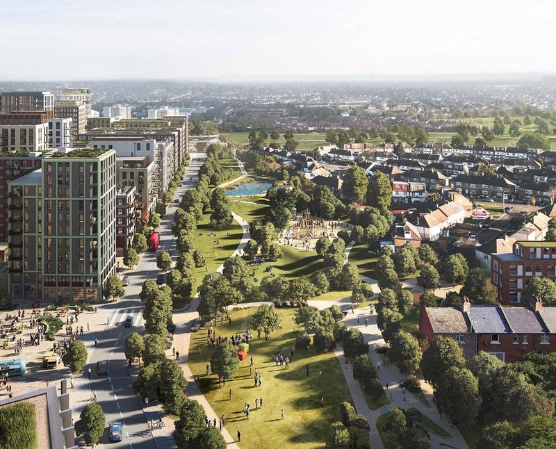 Brent Cross Town looking east over the new Claremont Park.