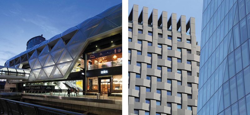 Left: Facades for Foster + Partners’ Canary Wharf Crossrail development in London.  Right: Basket weave cladding for  the Triton building at NEQ  Regent’s Place, London,  designed by Tate Hindle.