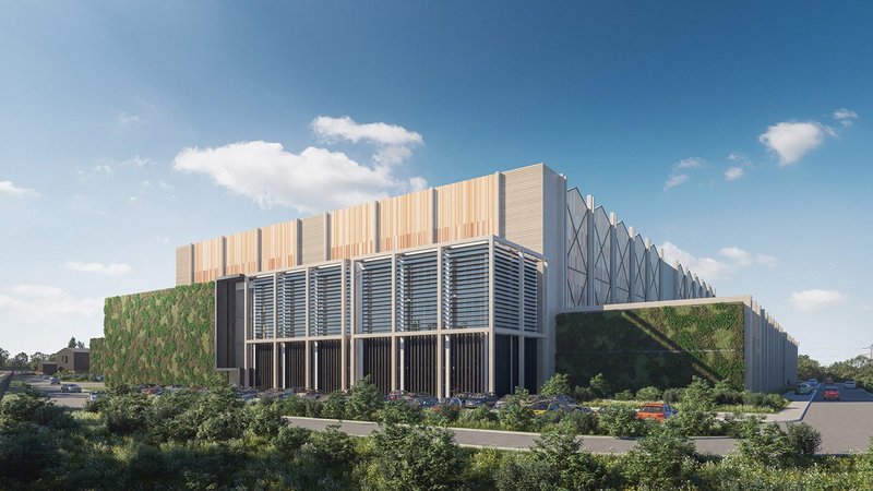 Visualisation of a proposed data centre in Greater London by Gensler, with green walls.