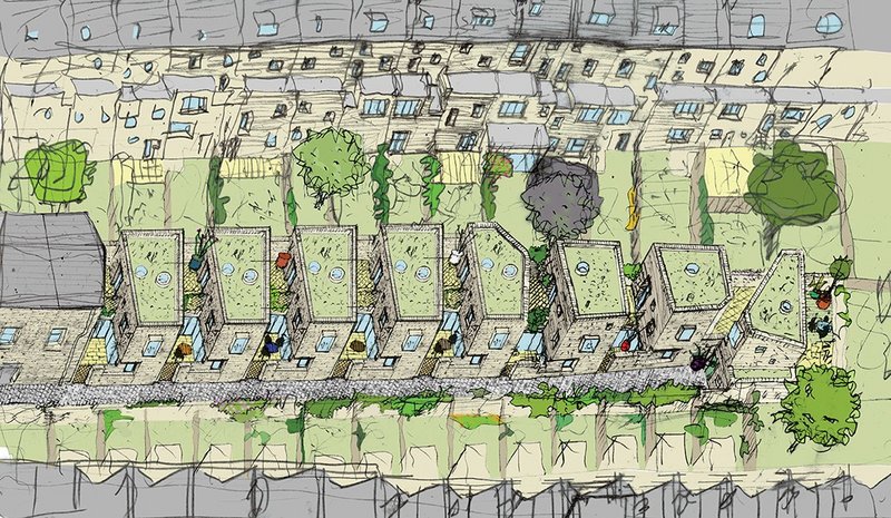 Barber’s bird’s eye axo of the scheme shows just how constrained the site is, hemmed in by neighbouring gardens.