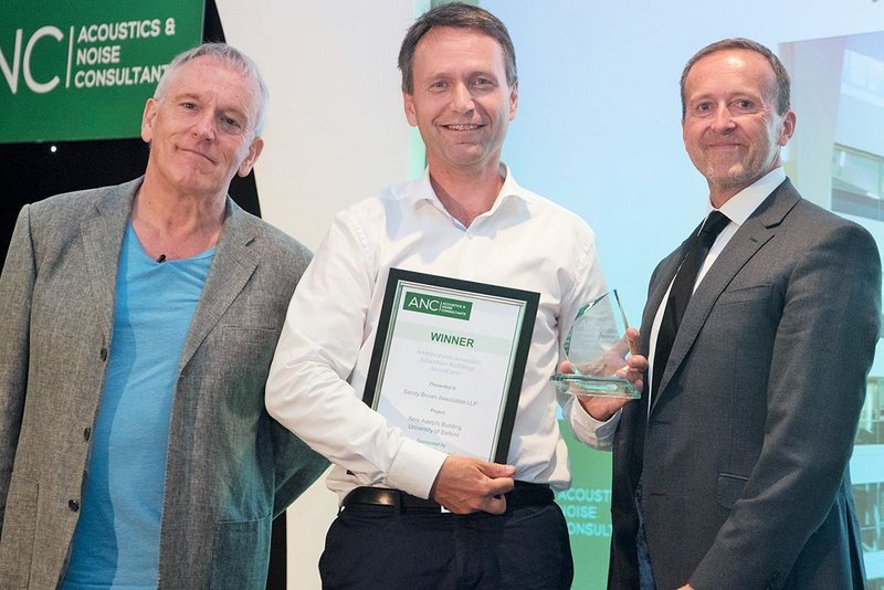 Architectural Acoustics - Education Buildings: Sandy Brown Associates. Awards guest speaker James Woudhuysen with Stephen Stringer of Sandy Brown Associates and Shane Cryer of Ecophon