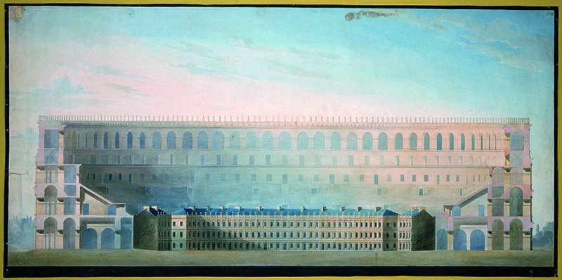A comparison of the Colosseum, Rome, and the Circus at Bath, from Soane’s office.