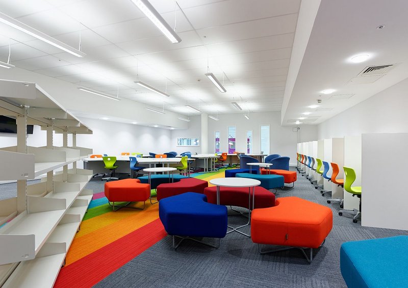 Flexible learning space at Ysgol Bae Baglan with child-centred furniture and bright colours