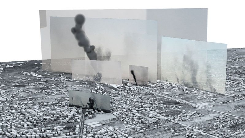 The Image-Complex Rafah: Black Friday, Forensic Architecture, 2015. Commissioned by Amnesty International, Forensic Architecture located photographs and videos within a 3D model to tell the story of one of the heaviest days of bombardment in the 2014 Israel-Gaza war.