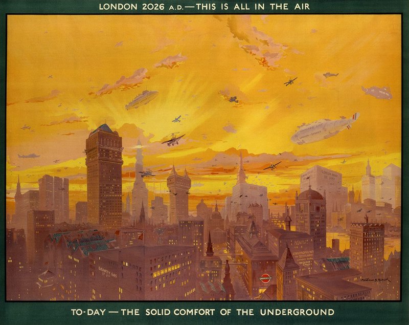 A future view of city transport London 2026 This Is All In The Air by Montague B Black. TfL from the London Transport Museum collection, www.ltmuseum.co.uk