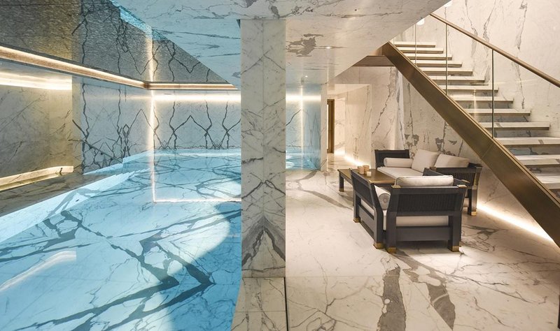 A pool and spa in the basement of a private residence in London where Biogel Extreme was used to fix Calacatta Oro marble slabs to metal with Biogel No Limits used elsewhere for the slabs, which were up to 1000x2000mm.