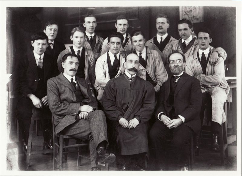 Eugene Bourdon (centre) with students flanked by Professors Charles Gourlay and Alexander McGibbon.