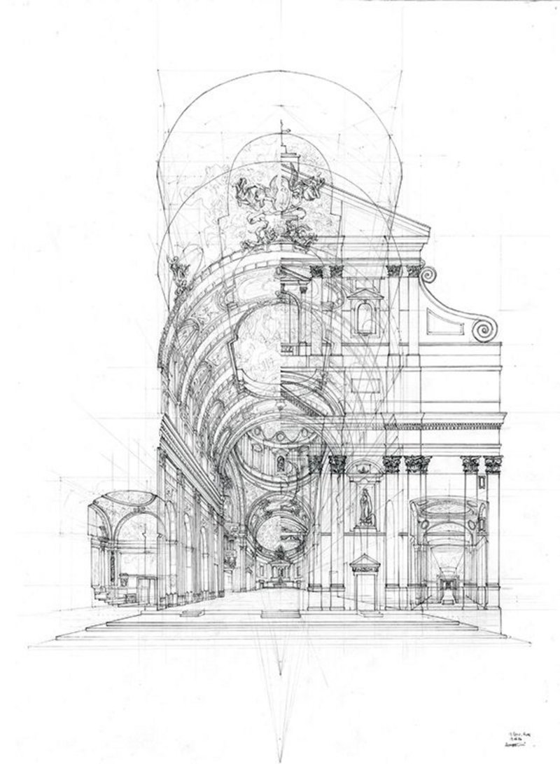 Together with his axonometric and Hadid-like wide, deconstructivist view, Leung’s Il Gesù perspective, drawn on site, showed his ease with a number of drawing styles.