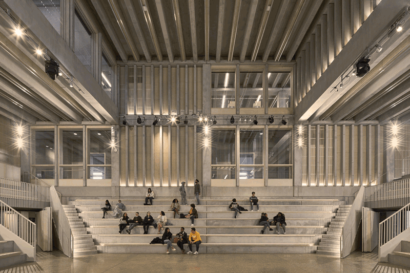 The covered courtyard of Kingston University London Town House by Grafton Architects, 2021 RIBA Stirling Prize winner.