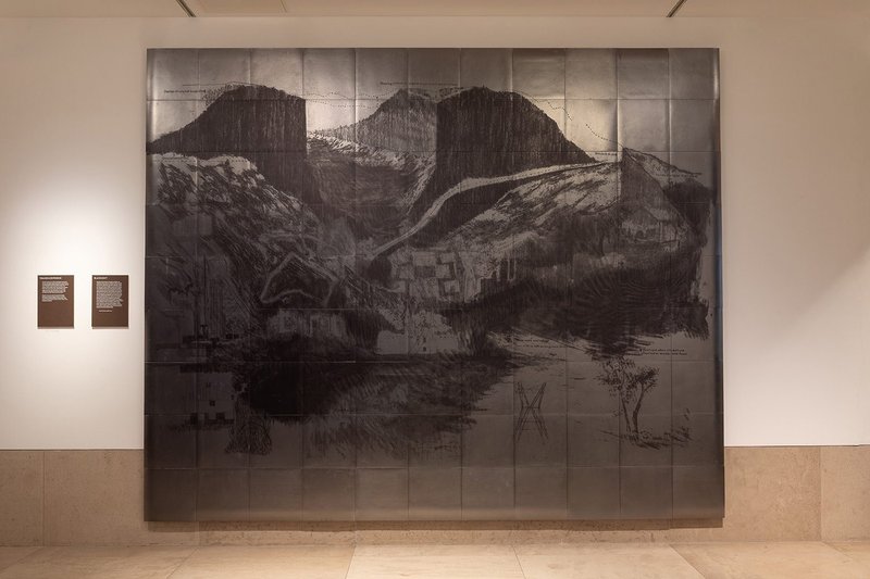 Installation shot of Raise the Roof showing Blacklight by Thandi Loewenson assisted by Zhongshan Zou, a response to the Jarvis Mural at the RIBA’s 66 Portland Place headquarters in London.