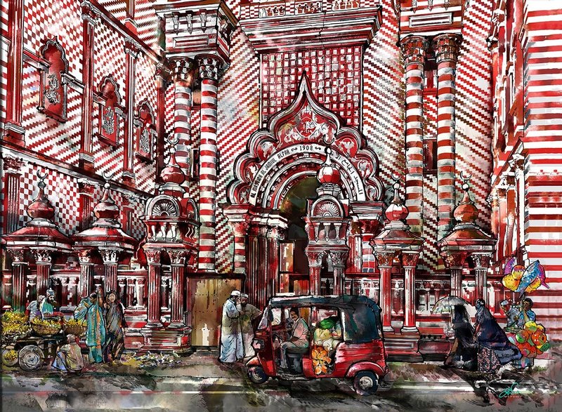 Mosque with 49 Minarets/ Red Mosque, Pettah, Colombo. Digital mixed media, 1150 × 900mm