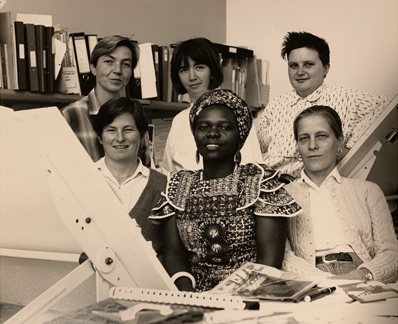 Members of Matrix in the 1990s from How We Live Now - Reimagining Spaces with the Matrix Feminist Design Co-operative project at the Barbican. Back row (left to right): Mo Hildenbrand, Sheelagh McManus, Raechel Ferguson. Front row (left to right): Janie Grote, Annie-Louise Phiri, Julia Dwyer. Photography by Jenny Burgen.