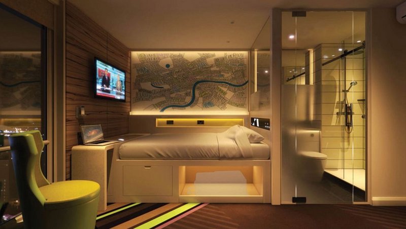 Visualisation of a capsule room in Premier Inns’ new Hub hotel, soon to complete in London’s trendy St Martin’s Lane.