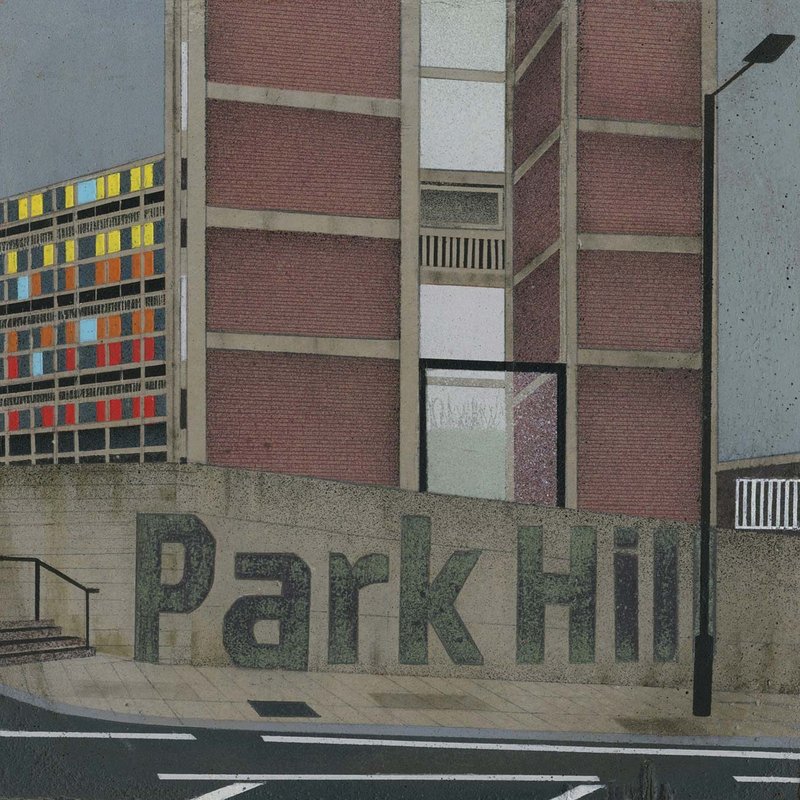 Every Day Is Like Sunday by Mandy Payne, 2021, from the Where We Live exhibition at Millennium Gallery, Sheffield.  Created in spray paint and oil on concrete, the painting depicts the Park Hill estate in Sheffield