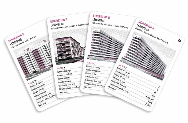 Four of the Generation II cards from the Soviet Mass Housing set. Categories include numbers of systems, storeys and flats.