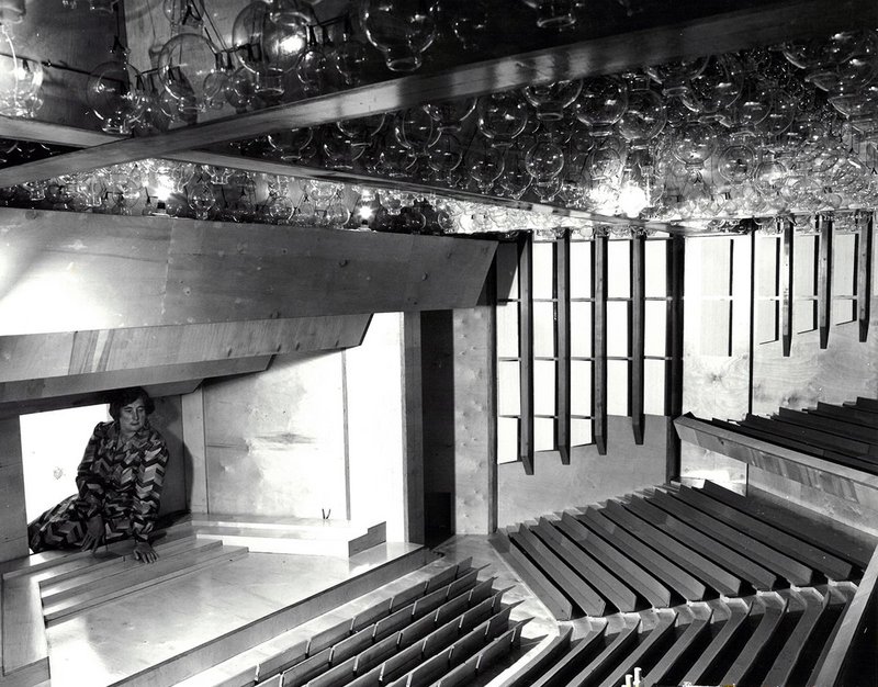 Model made for acoustic testing, by the British Research Station, to a scale 1 to 8 full size. View from the back corner of the hall showing the orchestra platform.