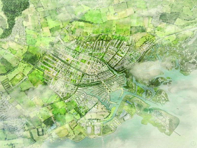 Aerial visualisation of Shelter/PRP’s submission for second place of the Wolfson Economics Prize – a garden city where Boris Johnson had hoped to place his airport.