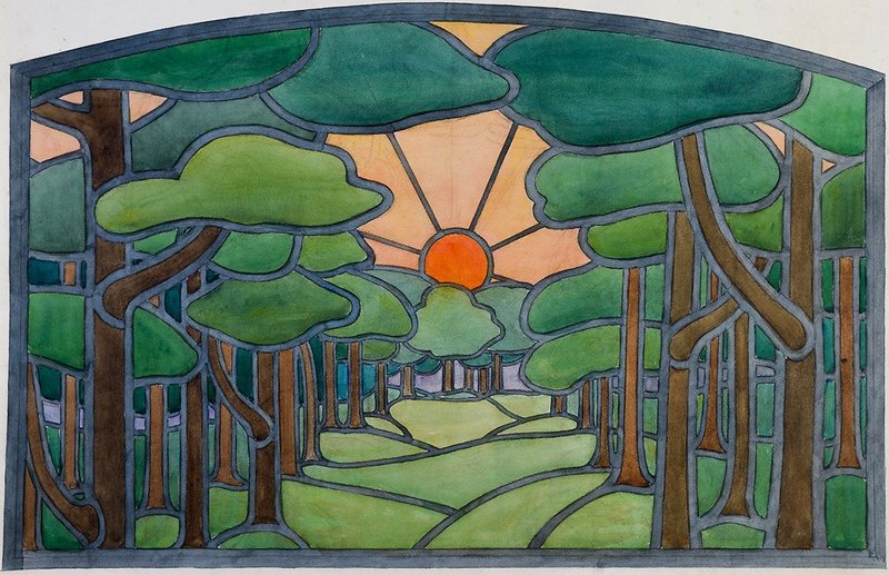 Barry Parker (1867-1947). Watercolour of a stained glass design for unknown house. Courtesy of the Garden City Collection. From Barry Parker: Architecture for All at the Broadway Gallery in Letchworth.