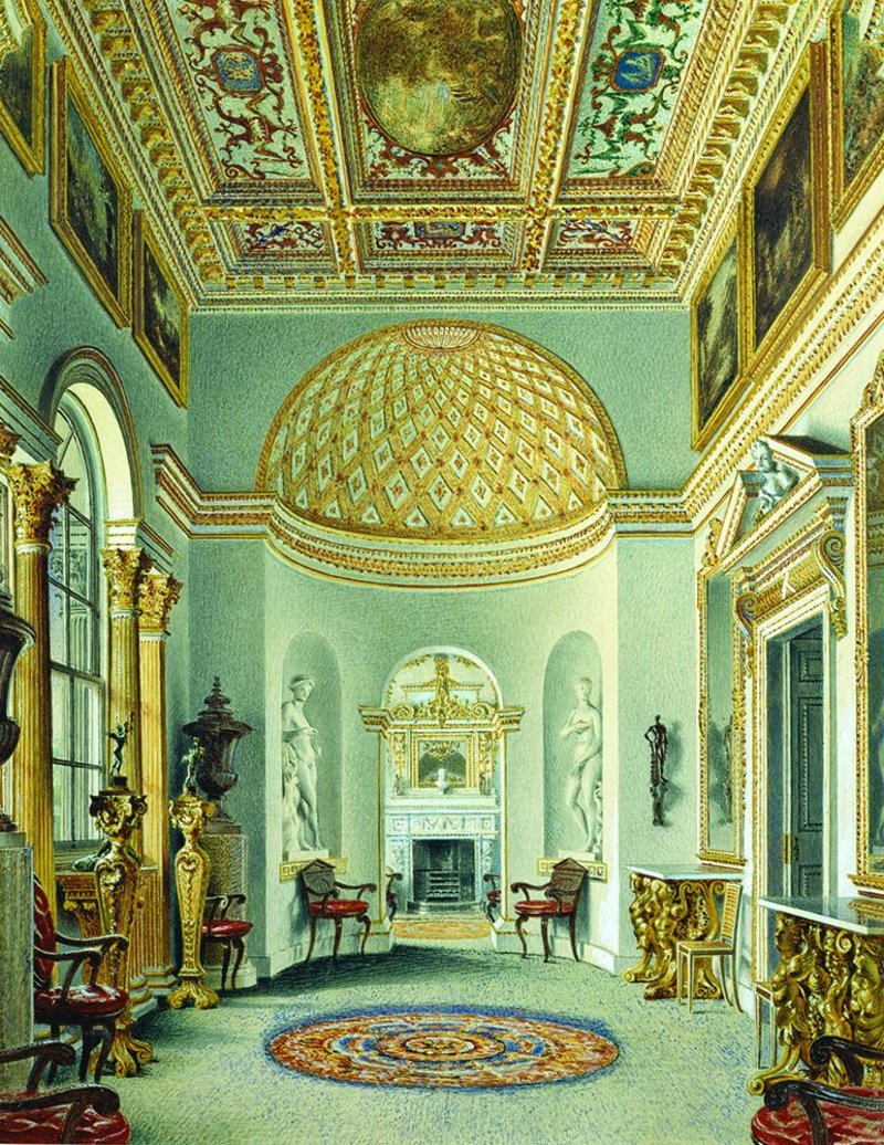 Interiors at Chiswick House show Kent’s rich mixture of skills. Here the gallery as painted by William Henry Hunt.