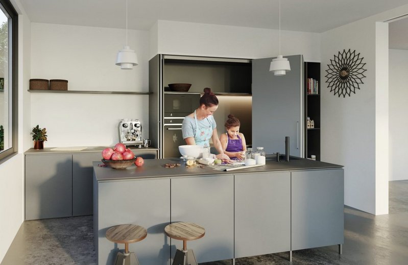 The Häfele Hawa Concepta folding sliding door system can screen off storage and appliances and even whole kitchens in open-plan spaces.