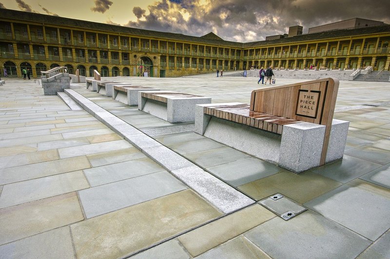 Hardscape created over 40 granite and Iroko timber benches which enhance the public space of the Piece Hall