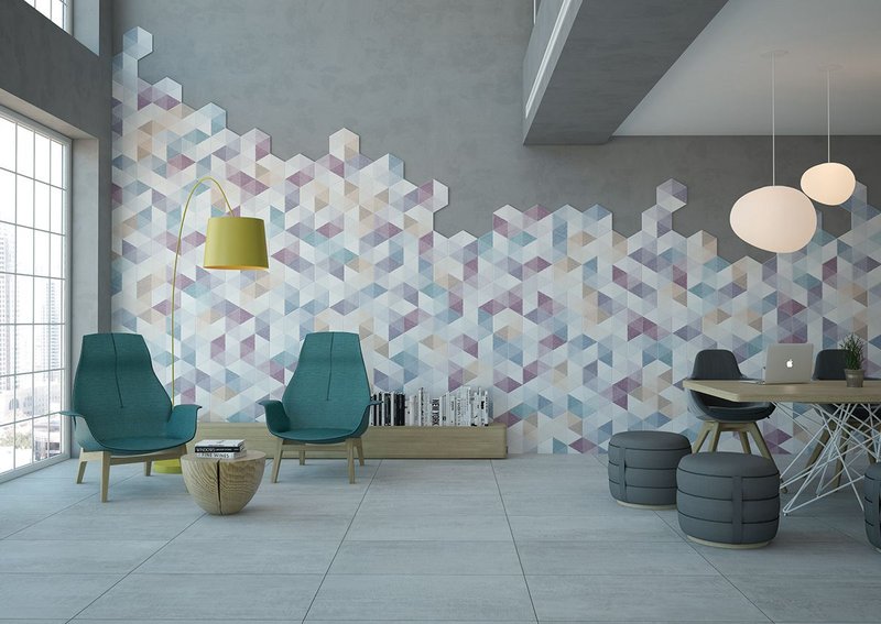 Caleidos by Undefasa - hexagonal wall and floor tiles in porcelain featuring triangles in five matt colours offered in a 23x27cm format. www.undefasa.com