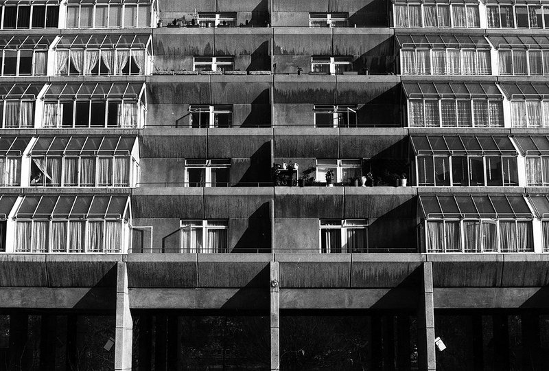 The Brunswick Centre, London: close up of the tiered flats from the square, Patrick Hodgkinson 1967-72.