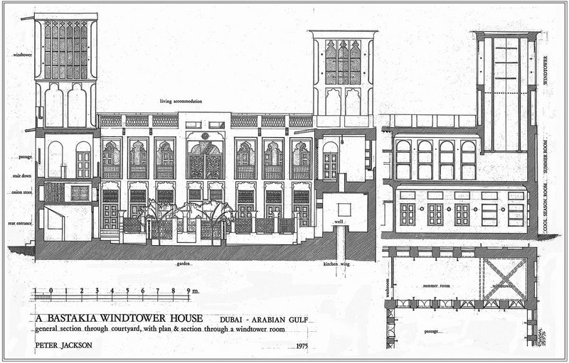 Sectional study of a windtower house in Dubai by Peter Jackson, now architectural adviser to the office of Sheikh Sultan bin Muhammad Al-Qasimi, ruler of the Emirate of Sharjah.